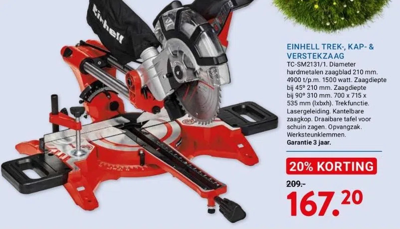 Kluswijs Einhell trek-, kap- & verstekzaag tc-sm2131/1. diameter hardmetalen zaagblad 210 mm. 4900 t/p.m. 1500 watt. zaagdiepte bij 45 aanbieding