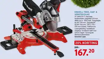 Kluswijs Einhell trek-, kap- & verstekzaag tc-sm2131/1. diameter hardmetalen zaagblad 210 mm. 4900 t/p.m. 1500 watt. zaagdiepte bij 45 aanbieding