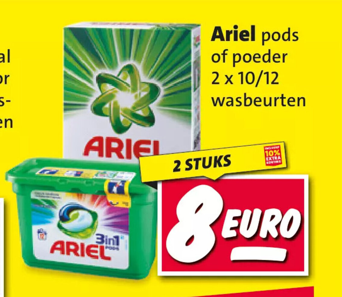 Nettorama Ariel pods of poeder 2 x 10/12 wasbeurten aanbieding
