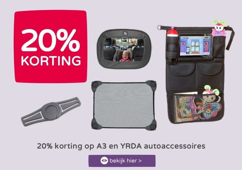 Prenatal 20% korting op a3 en yrda autoaccessoires aanbieding