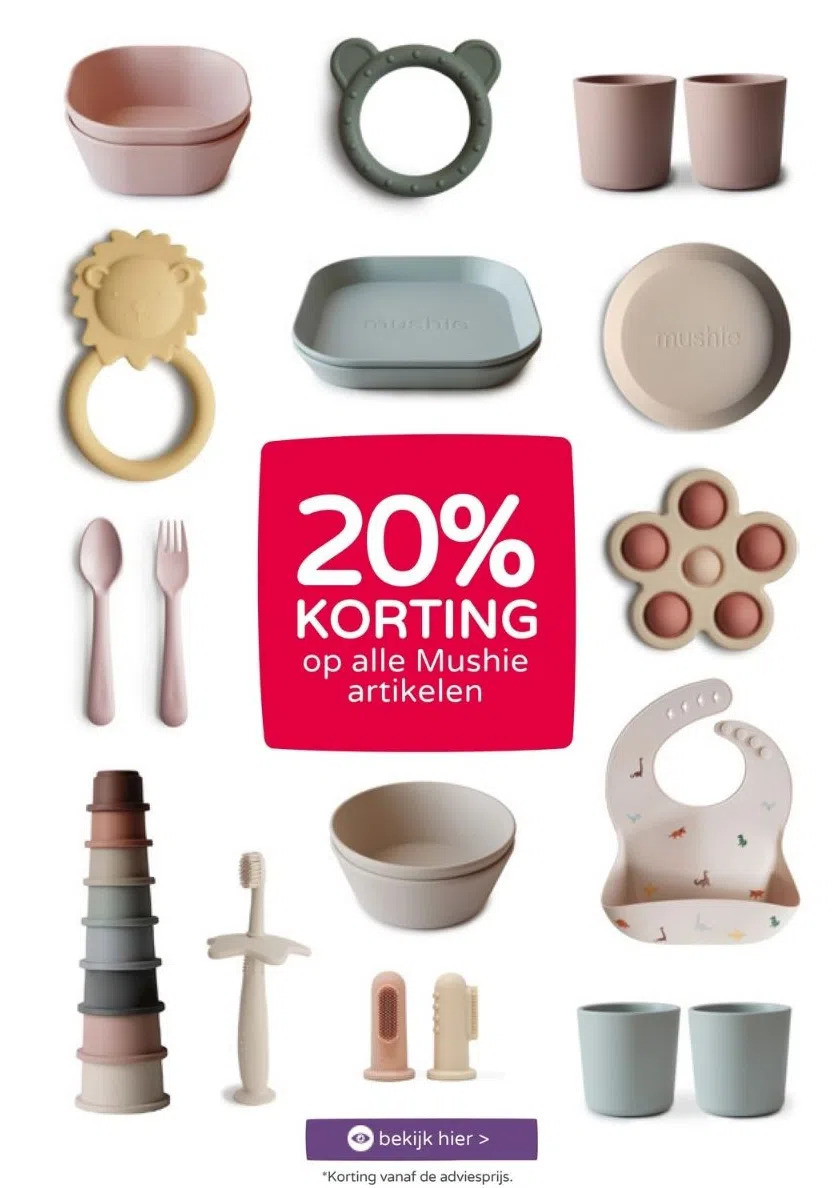 Prenatal 20% korting op alle mushie artikelen aanbieding