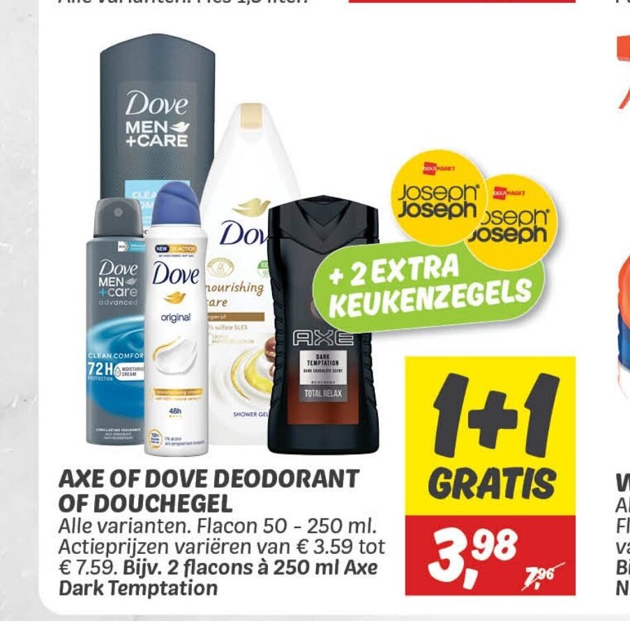 Dekamarkt AXE OF DOVE DEODORANT OF DOUCHEGEL aanbieding