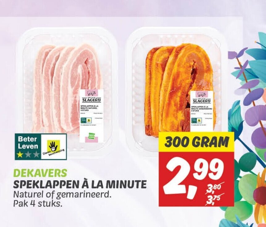 Dekamarkt DEKAVERS SPEKLAPPEN À LA MINUTE Naturel of gemarineerd. Pak 4 stuks. 300 gram aanbieding