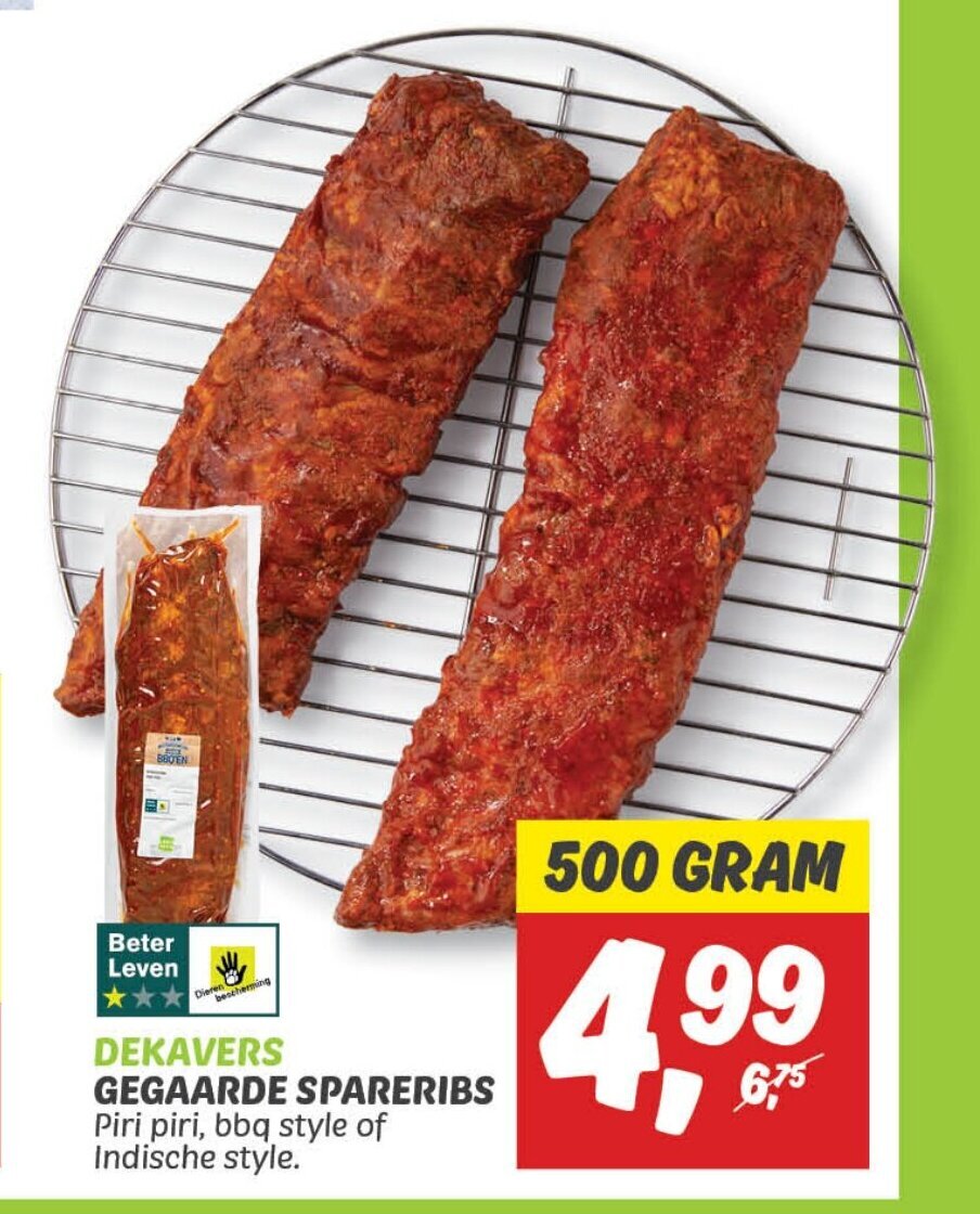 Dekamarkt DEKAVERS GEGAARDE SPARERIBS Piri piri, bbq style of Indische style. 500 gram aanbieding