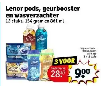 Kruidvat Lenor pods, geurbooster en wasverzachter 12 stuks, 154 gram en 861 ml aanbieding