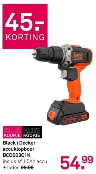 Karwei Black+decker accuklopboor bcd003c1k inclusief 1,5ah accu + lader aanbieding