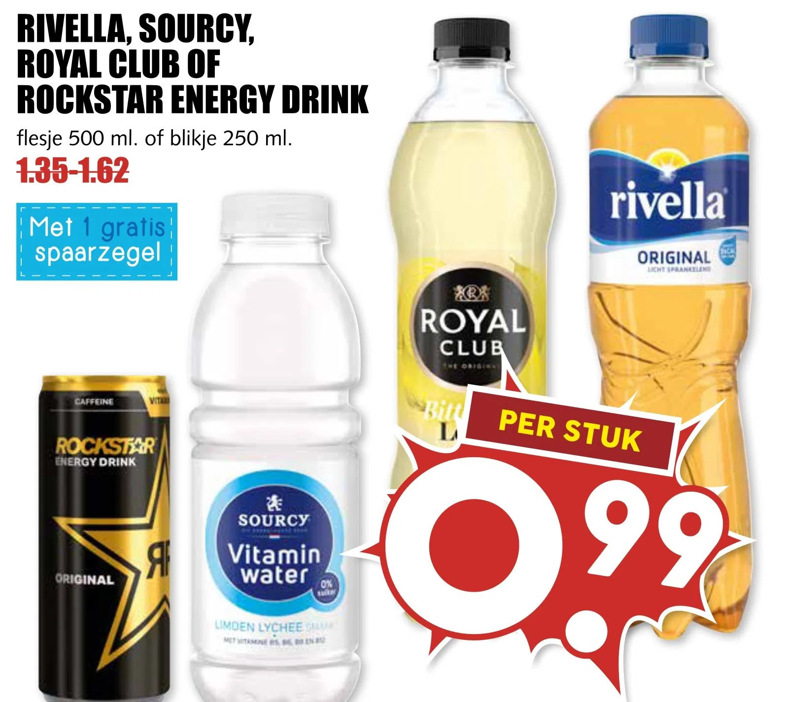 MCD Supermarkt Rivella, sourcy, royal club of rockstar energy drink aanbieding