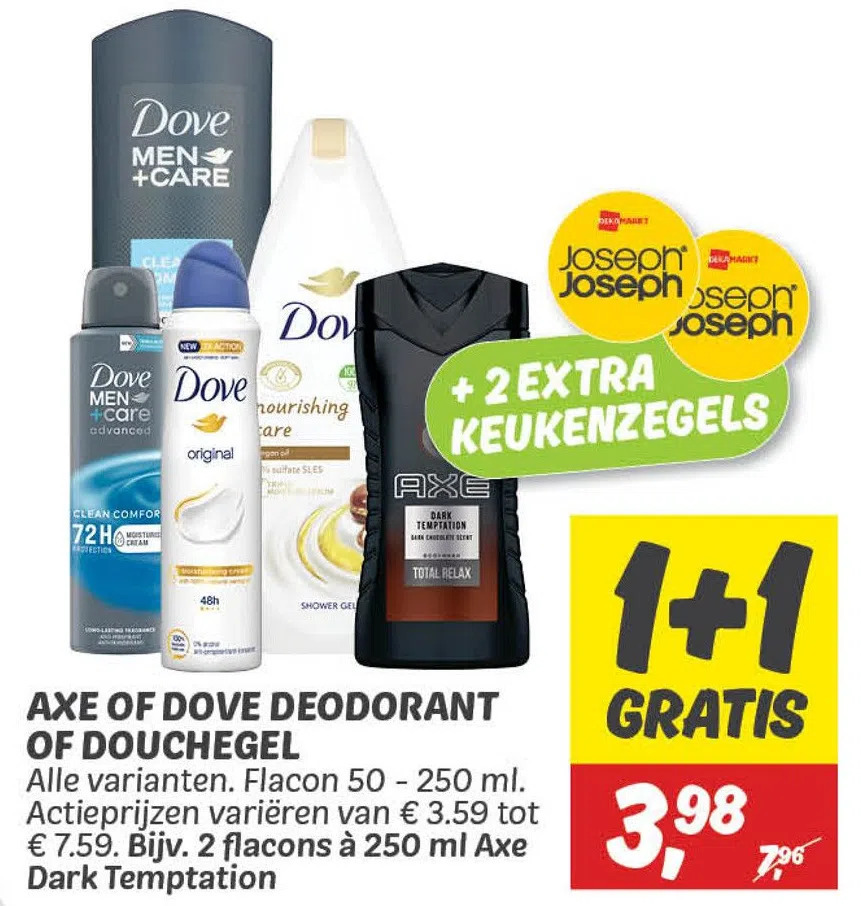 Dekamarkt Axe of dove deodorant of douchegel aanbieding