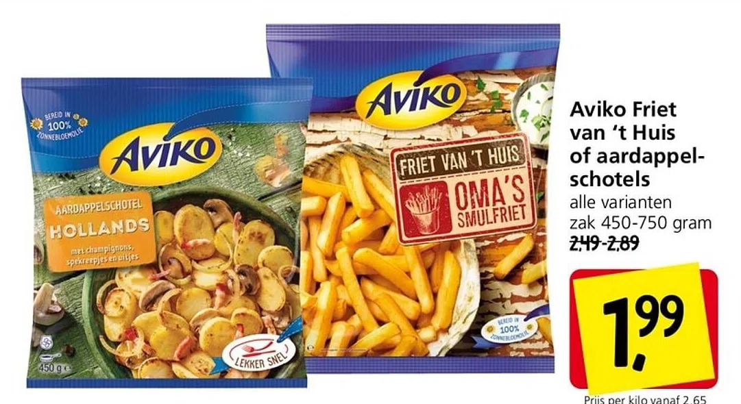 Jan Linders Aviko friet van 't huis of aardappelschotels aanbieding