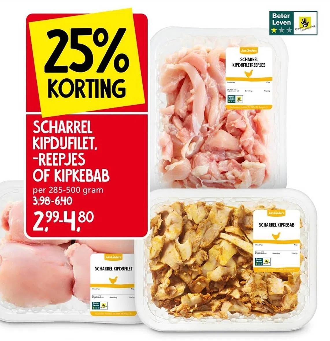 Jan Linders Scharrel kipdijfilet. -reepjes of kipkebab aanbieding