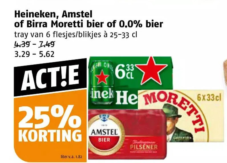 Poiesz Heineken, amstel of birra moretti bier of 0.0% bier aanbieding
