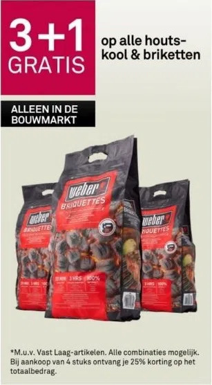 Karwei 3+1 gratis op alle houtskool & briketten aanbieding