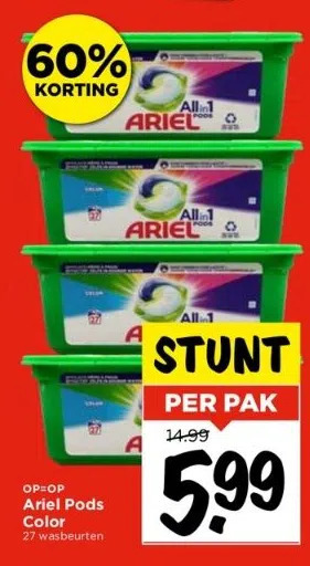Vomar Op=op ariel pods color 27 wasbeurten aanbieding