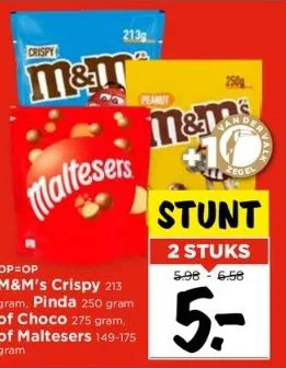 Vomar Op=op m&m's crispy 213 gram, pinda 250 gram of choco 275 gram, of maltesers 149-175 gram aanbieding