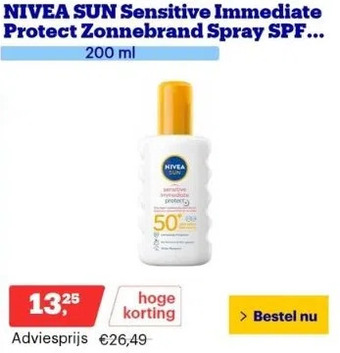 Bol.com Nivea sun sensitive immediate protect zonnebrand spray spf 50+ aanbieding