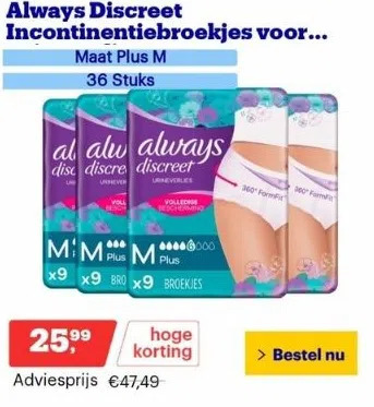 Bol.com Always discreet incontinentiebroekjes voor urineverlies aanbieding