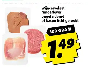 Boni Wijncervelaat, runderlever ongelardeerd of bacon licht gerookt 100 GRAM aanbieding