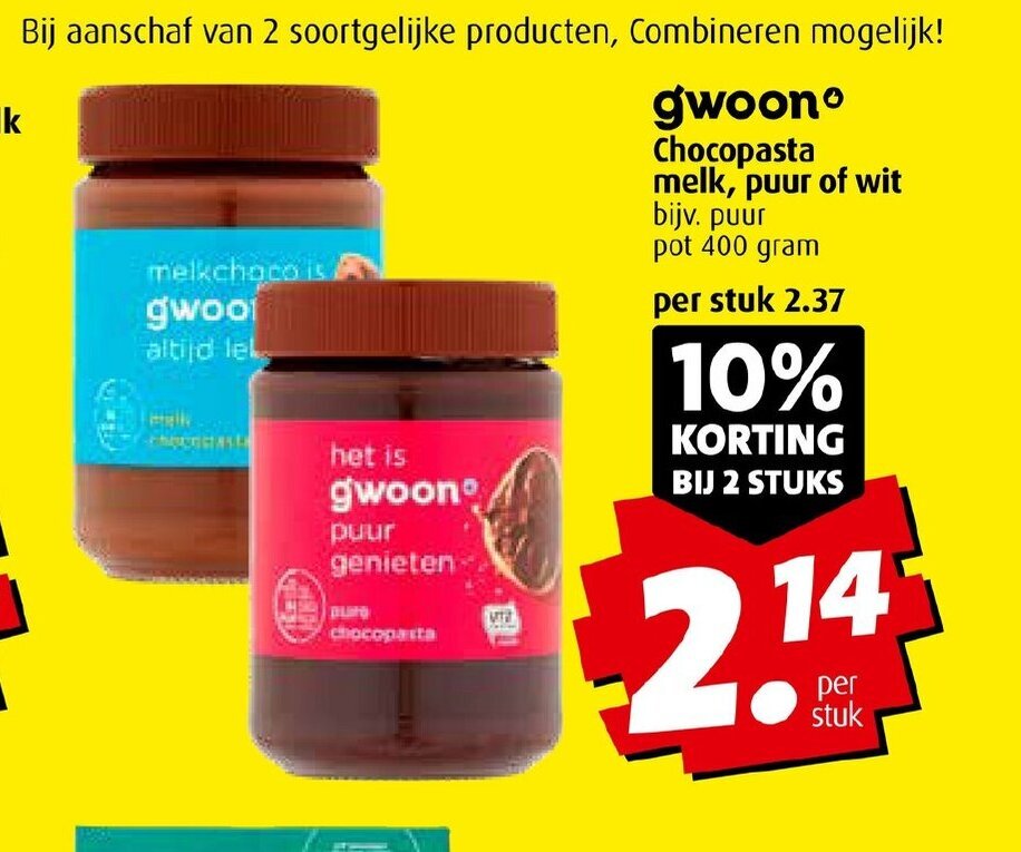 Boni gwoon Chocopasta melk, puur of wit aanbieding