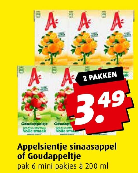 Boni Appelsientje sinaasappel of Goudappeltje pak 6 mini pakjes à 200 ml 2 pakken aanbieding