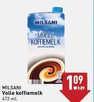 ALDI Milsani volle koffiemelk 472 ml. aanbieding