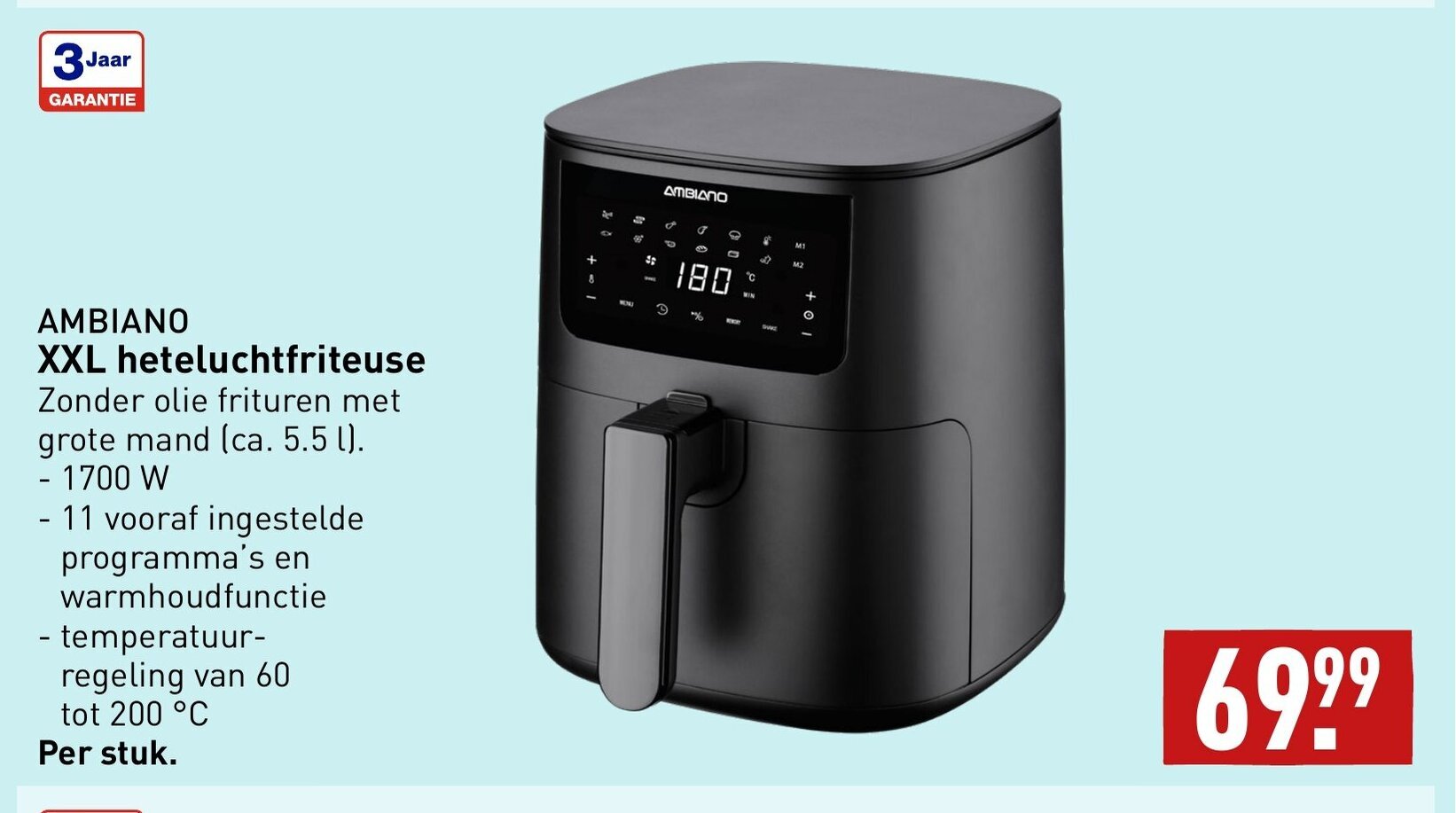 ALDI AMBIANO XXL heteluchtfriteuse Zonder olie frituren met grote mand (ca. 5.5 l). - 1700 W aanbieding