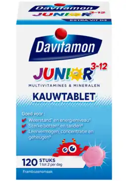 De Online Drogist Davitamon junior 3+ kauw vitamines framboos 120ktb aanbieding