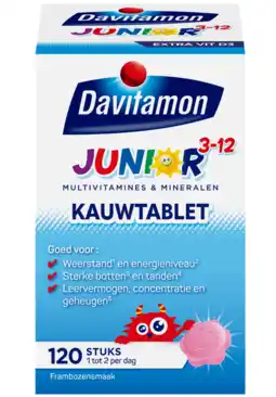 De Online Drogist Davitamon junior 3+ kauw vitamines framboos 120ktb aanbieding