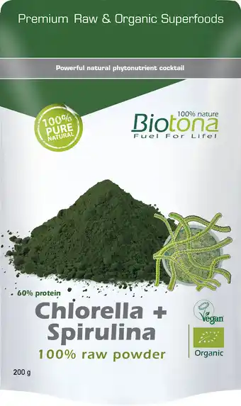 De Online Drogist Biotona chlorella + spirulina powder raw 200gr aanbieding