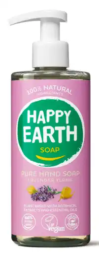 De Online Drogist Happy earth 100% natuurlijke hand soap lavender ylang 300ml aanbieding