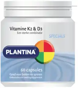 De Online Drogist Plantina specials vitamine k2 & d3 capsules 60cp aanbieding