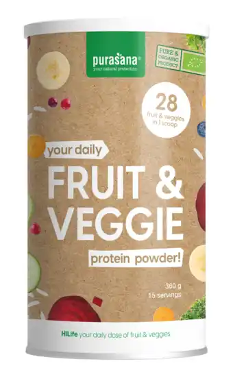 De Online Drogist Purasana fruit & veggie proteïne poeder 360gr aanbieding