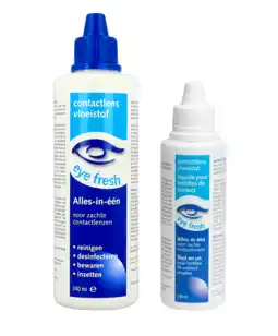 De Online Drogist Eye fresh lenzenvloeistof alles-in-1 zacht combiverpakking 240ml+100ml aanbieding