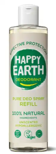 De Online Drogist Happy earth 100% natuurlijke deo spray unscented navulling 300ml aanbieding