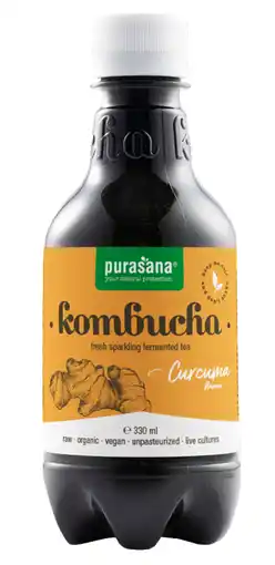 De Online Drogist Purasana kombucha fresh sparkling fermented tea curcuma flavour 330ml aanbieding