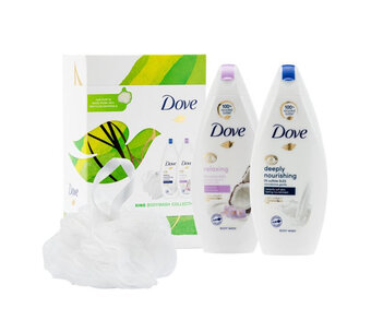 Voordeeldrogisterij Dove blisfully relaxing geschenkset  - bodywash, doucheschuim + spons aanbieding
