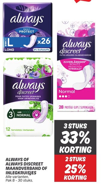 Dekamarkt ALWAYS OF ALWAYS DISCREET MAANDVERBAND OF INLEGKRUISJES aanbieding