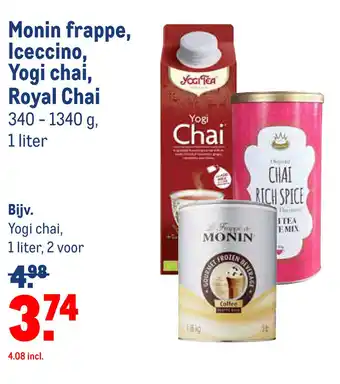 Makro Monin frappe, Iceccino, Yogi chai, Royal Chai aanbieding