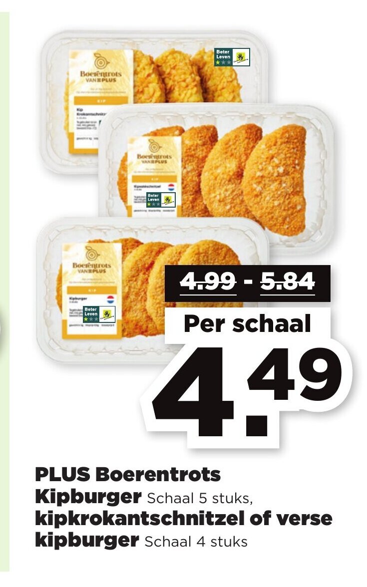 PLUS Boerentrots Kipburger Schaal 5 stuks, kipkrokantschnitzel of verse kipburger Schaal 4 stuks aanbieding