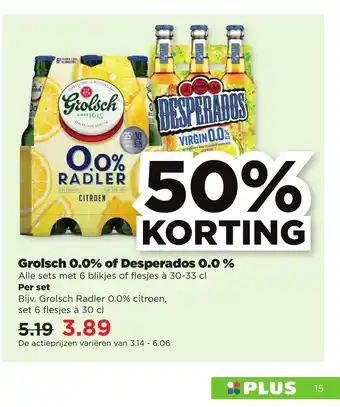 PLUS Grolsch 0.0% of Desperados 0.0 % aanbieding