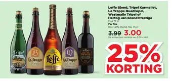 PLUS Leffe Blond, Tripel Karmeliet, La Trappe Quadrupel, Westmalle Tripel of Hertog Jan Grand Prestige Fles 75 cl aanbieding