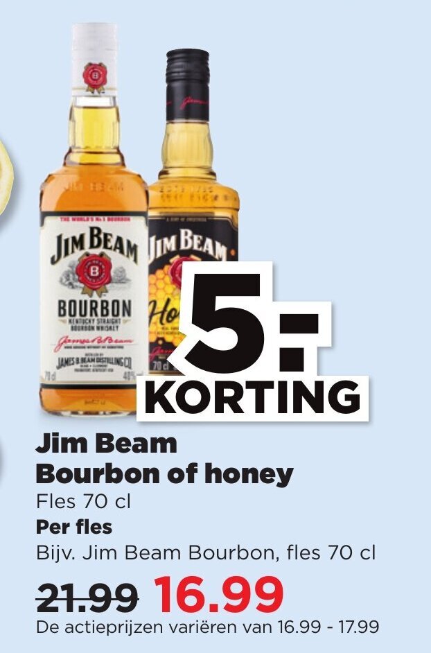Jim Beam Bourbon of honey Fles 70 cl per fles aanbieding bij PLUS