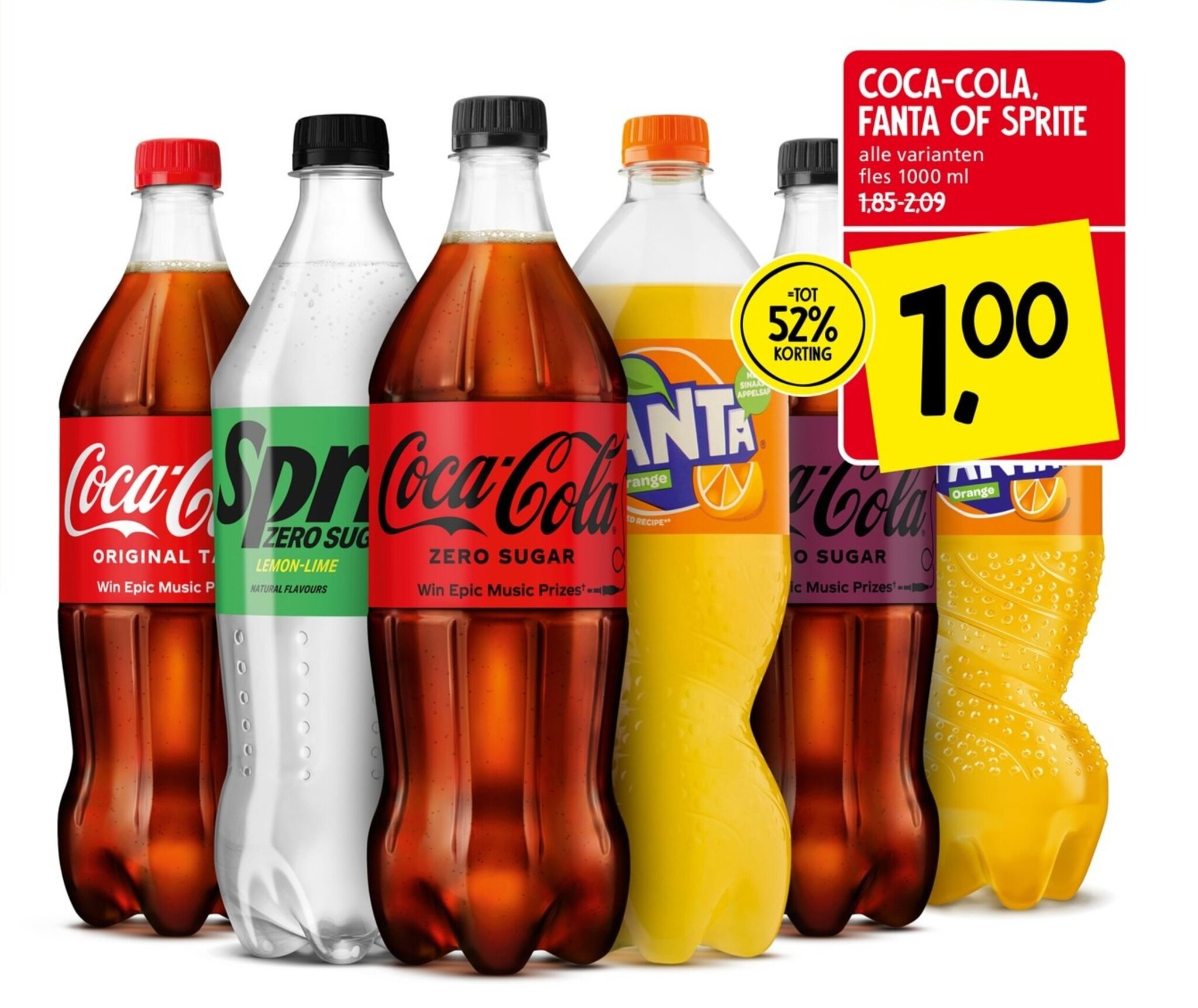 Jan Linders COCA-COLA, FANTA OF SPRITE alle varianten fles 1000 ml aanbieding