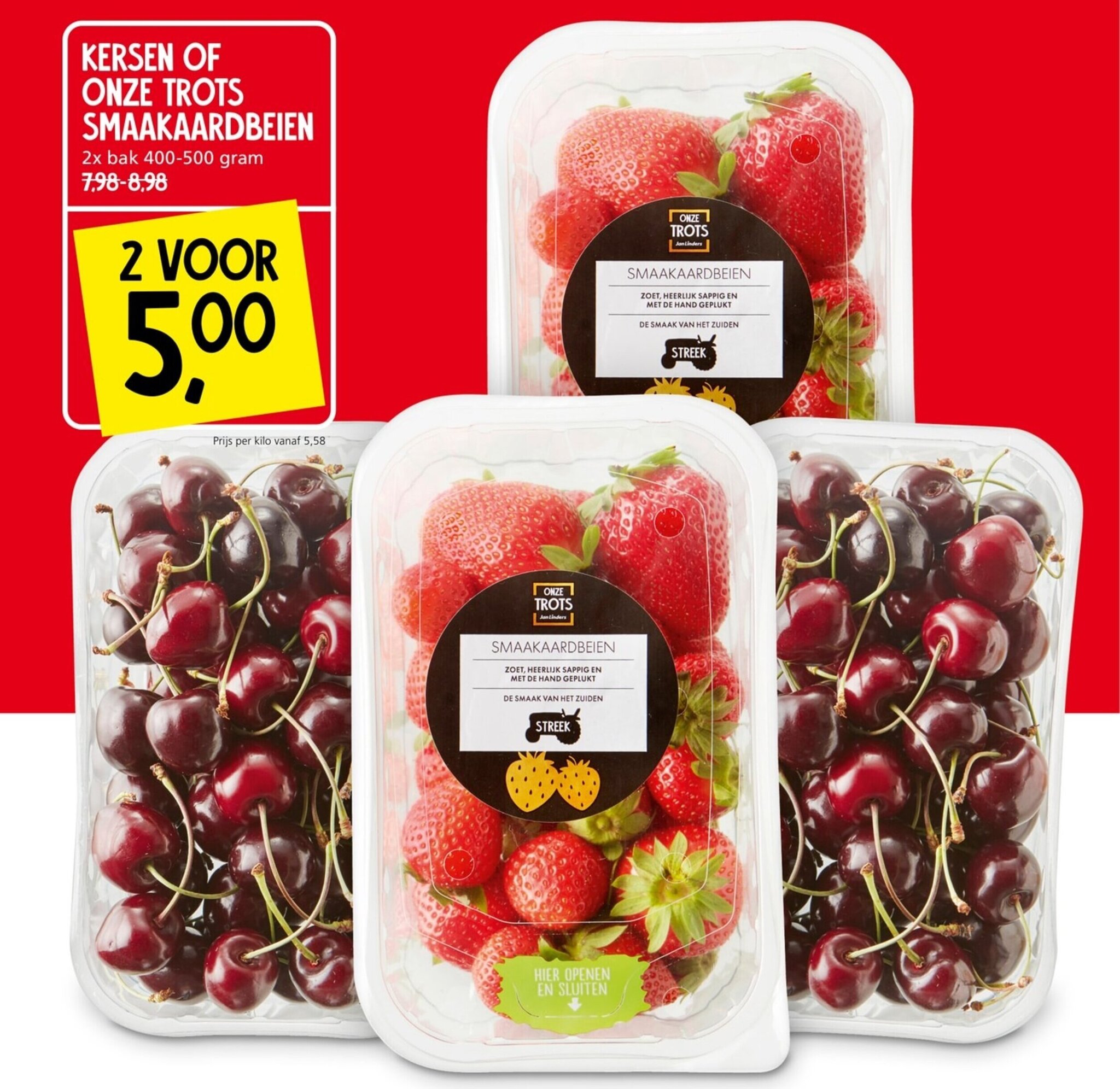 Jan Linders KERSEN OF ONZE TROTS SMAAKAARDBEIEN 2x bak 400-500 gram aanbieding