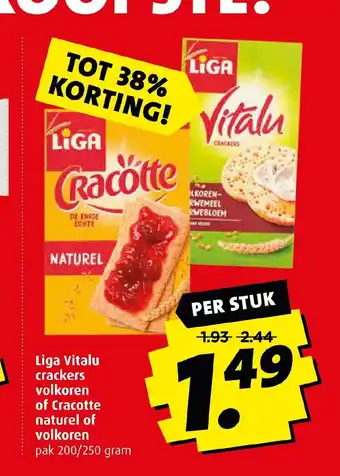 Boni Liga Vitalu crackers volkoren of Cracotte naturel of volkoren pak 200/250 gram aanbieding