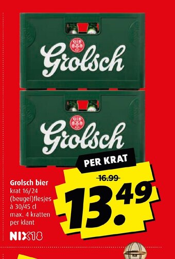 Boni Grolsch bier krat 16/24 (beugel) flesjes à 30/45 cl max. 4 kratten per klant NIX18 aanbieding