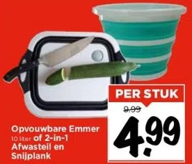 Vomar Voordeelmarkt Opvouwbare emmer 10 liter of 2-in-1 afwasteil en snijplank aanbieding