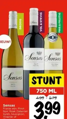 Vomar Voordeelmarkt Sensas franse wijn. pinot noir, rosé, cabernet syrah, sauvignon, viognier of chardonnay aanbieding