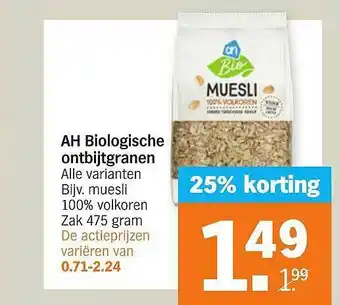 Albert Heijn AH Biologische Ontbijtgranen 25% Korting aanbieding