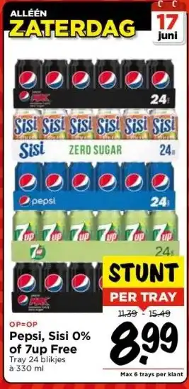 Vomar Voordeelmarkt Pepsi, sisi 0% of 7up free tray 24 blikjes à 330 ml aanbieding