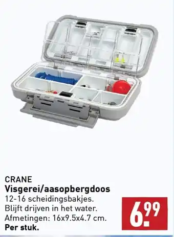 ALDI CRANE Visgerei/aasopbergdoos 12-16 scheidingsbakjes. Blijft drijven in het water. Afmetingen: 16x9.5x4.7 cm. aanbieding